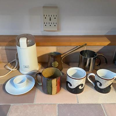 Coffee-Related Items Including Grinder, Serving Vessels, and Accessories