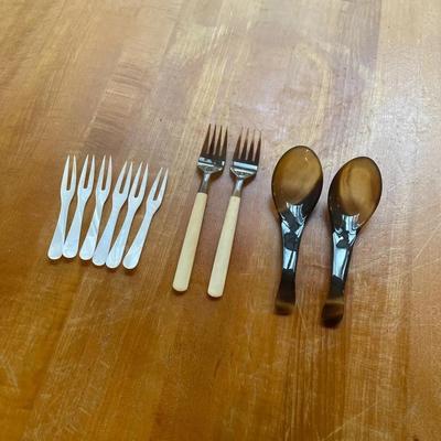 Utensils Including Mother-of-Pearl Picks, Bakelite-Handle Forks, and Horn Spoons