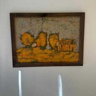 Framed Batik Textile Art Depicting a Landscape Scene