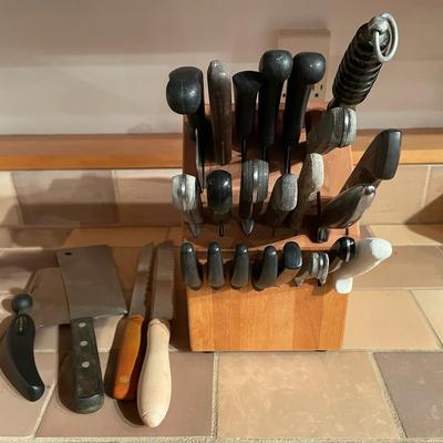 Wooden Knife Block with Assorted Kitchen Knives and Tools