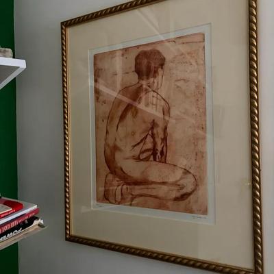 Numbered and Signed Print of a Seated Figure in Gold-Toned Frame