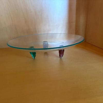 Round Glass Serving Platter with Colored Glass Supports