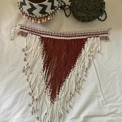 Beaded Gourd Vessel, Woven Beaded Bag, and Beaded Fringe Necklace