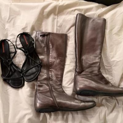 Prada Metallic Knee-High Boots and Black Strappy Sandals