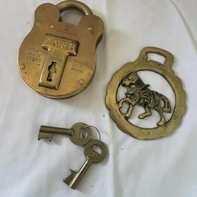 Brass Tareq Padlock with Keys and Decorative Horse Brass Medallion