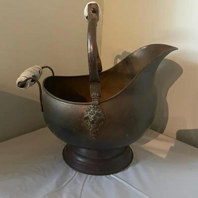 Brass Coal Scuttle with Ceramic Handles and Lion Head Motif
