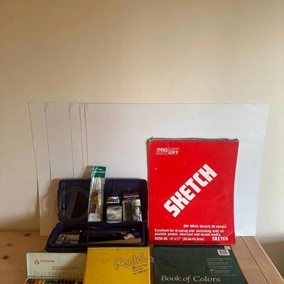 Art Supplies Lot with Sketch Pads, Stockmar Crayons, Colored Pencils, and Art Tools