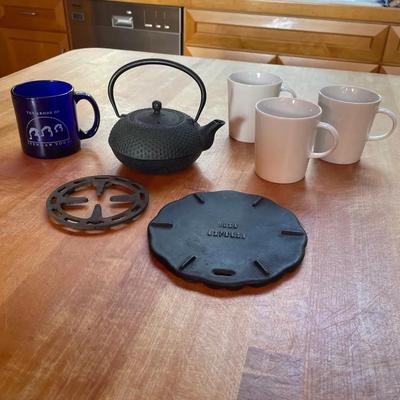 Cast Iron Teapot with Accessories and Assorted Mugs