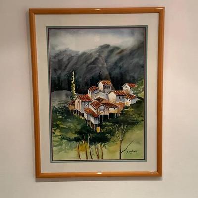 Framed Watercolor Painting Depicting Village Scene by Artist Signed ‘Sairy Abel,’ 1988