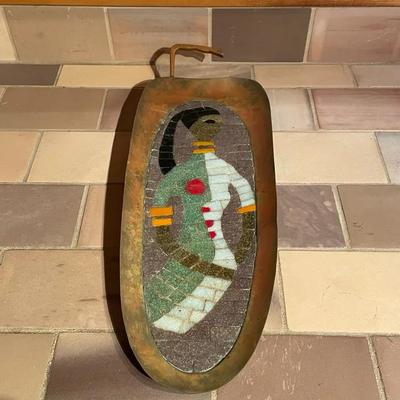 Brass Hanging Tray with Mosaic Inlay Featuring Stylized Figure