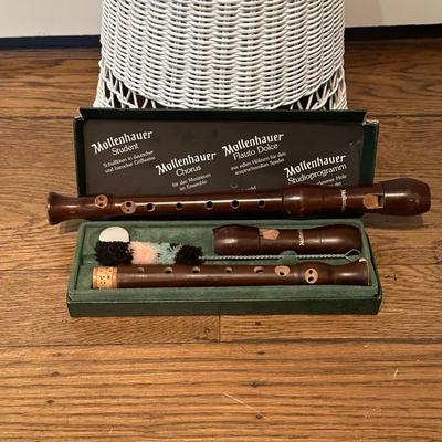 Two Mollenhauer Student Model 1003 Wooden Recorders with Case and Accessories