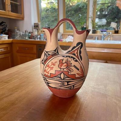 Hand-Painted Pottery Wedding Vase with Bird and Geometric Design