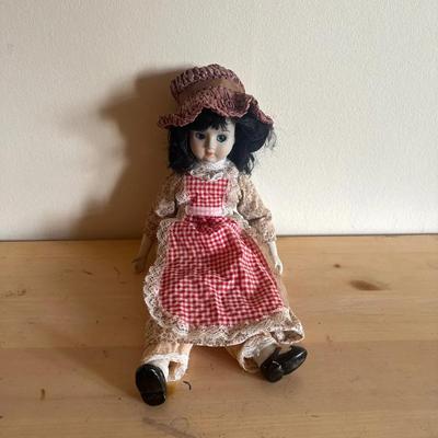 Porcelain Doll with Red Gingham and Lace Outfit