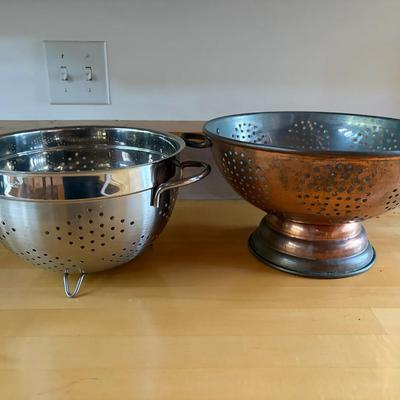 Stainless Steel and Copper-Colored Metal Colanders with Handles