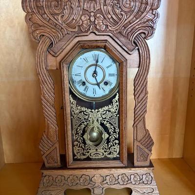 Carved Wooden Shelf Clock with Glass Pendulum Door