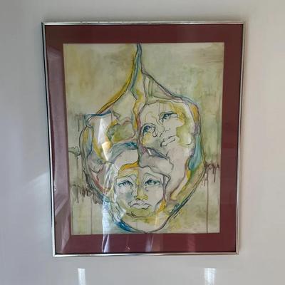 Framed Mixed Media Artwork Depicting Abstract Faces, Signed ‘Moku’