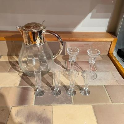 Silver-Plated Glass Pitcher and Multiple Glass Items