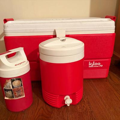Igloo Cooler Set Including Large Chest Cooler, Beverage Dispenser, and Small Jug
