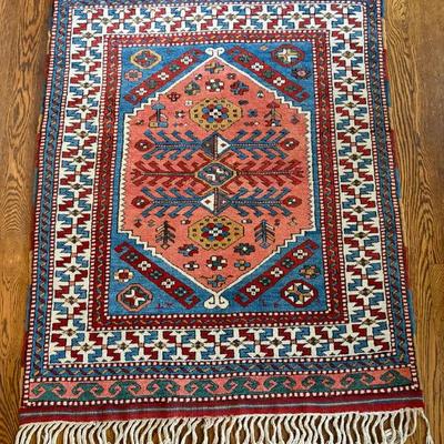 Handwoven Geometric Kilim Rug with Fringe Ends