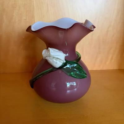 Pink Art Glass Vase with Floral and Green Leaf Accents