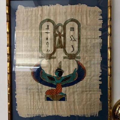 Framed Egyptian Papyrus Artwork with Winged Figure and Hieroglyphics
