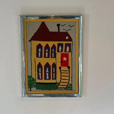 Framed Textile Art Depicting a House Scene
