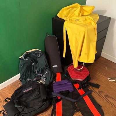 Outdoor Gear Including Backpacks, Hydration Packs, and Rain Poncho