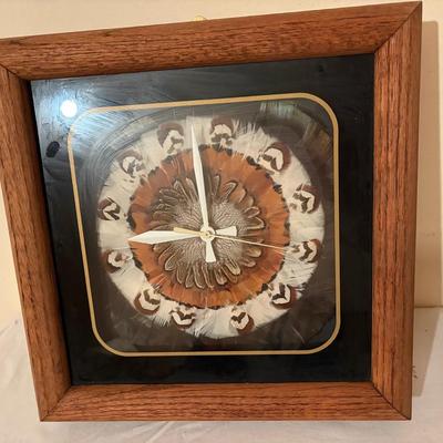 Square Wall Clock with Feather Design in Wood Frame
