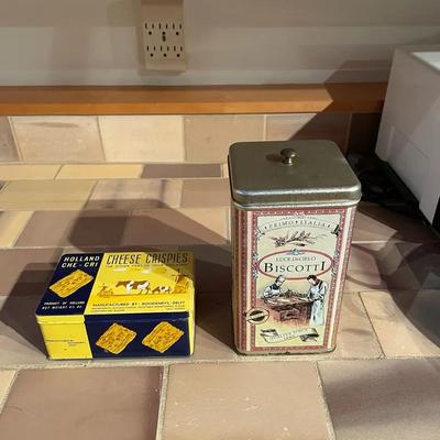 Two Decorative Tin Containers, Biscotti and Cheese Crispies Themes