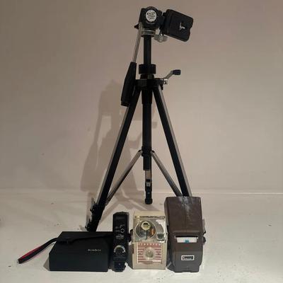 Vintage Camera Equipment With Accessories, Including Slik Tripod