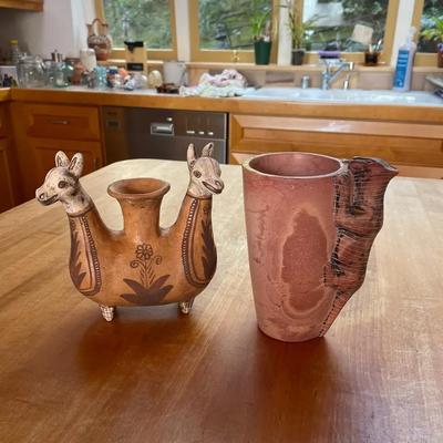 Dual-Spouted Ceramic Vessel and Carved Ceramic Mug