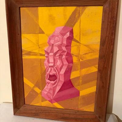 Framed Original Abstract Painting on Canvas Panel with Geometric Pink Figure