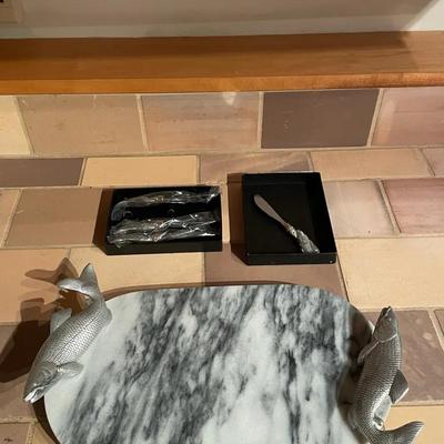 Arthur Court Designs Marble Serving Tray with Fish Handles and Salmon Spreader Set