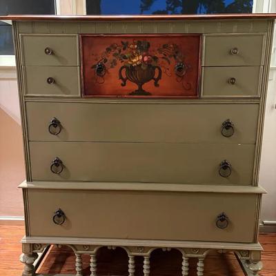 Two-Tone Painted Wood Chest of Drawers with Floral Motif