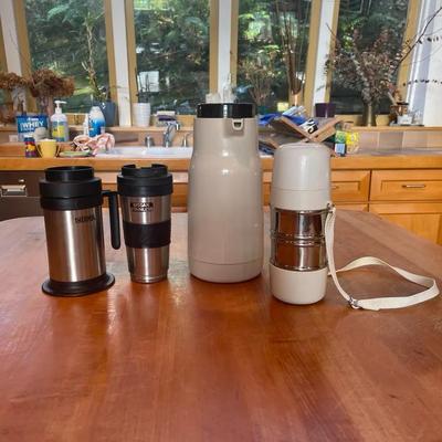 Thermos and Drinkware Lot Featuring Stainless Steel and Plastic Items