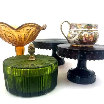 LE Smith Ruby Red Hobnail Pedestal Cake Stand, Indiana Glass, Mount Vernon Green, And Amber Compote