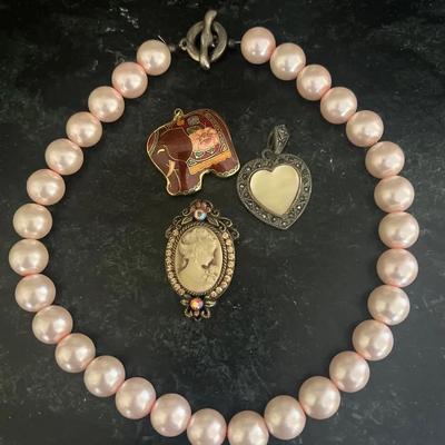 Vintage Brooch, Costume Necklace, 2 Pendants