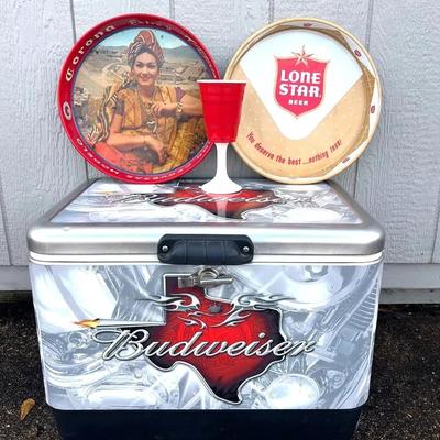 Coleman Budweiser Cooler,corona And Lone Star Beer Trays 