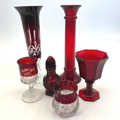 Vintage Ruby Glassware Lot, Waterford Vase
