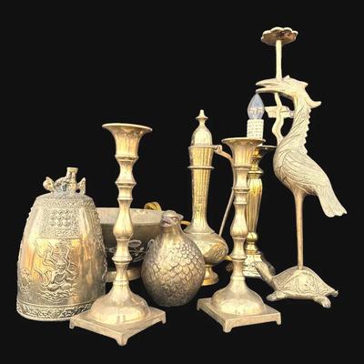 Vintage brass partridge, vintage candlesticks, bowl SEE ALL PHOTOS