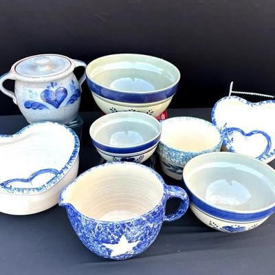 Vintage Heart Pottery Bakeware Blue and white