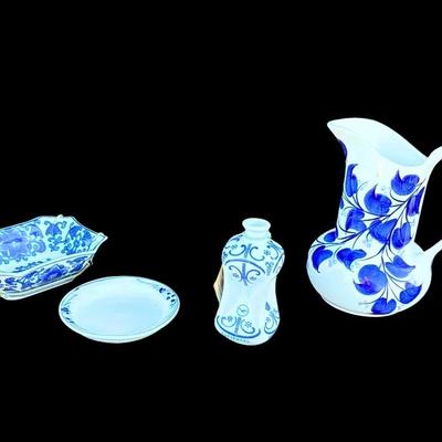 Blue & White Vase, Pitcher, Bowls, Plate 
