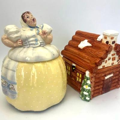 Vintage Lady And Log Cabin Cookie Jar 