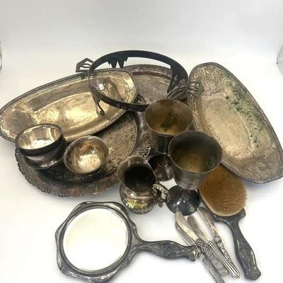 Silver Plated, Trays, Cups, Brush, And Mirror, Knives 