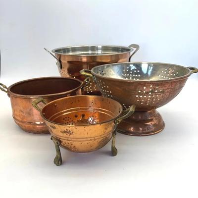 Copper Pot And Colanders With Brass Handle Accents On 3