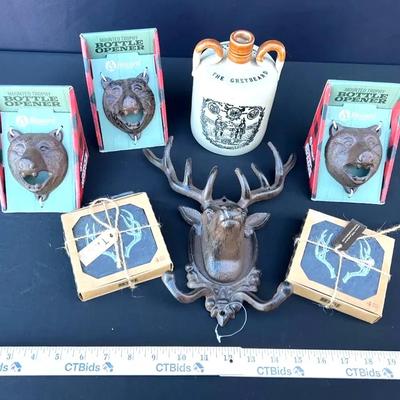 Rustic Collection Of Bottle Openers, Coasters, Vintage Whiskey Crock