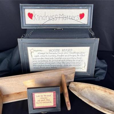 Hand Stitched Framed Art And Wooden Shelf And Bowl