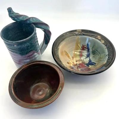 Signed Pottery Mug, And Bowl