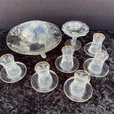 Turkish Tea Set and Fostoria Compote, Bowl