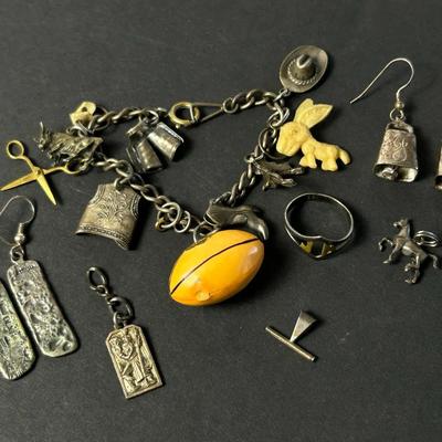 Sterling Silver (Tested) Charm Bracelet, Earrings, & More